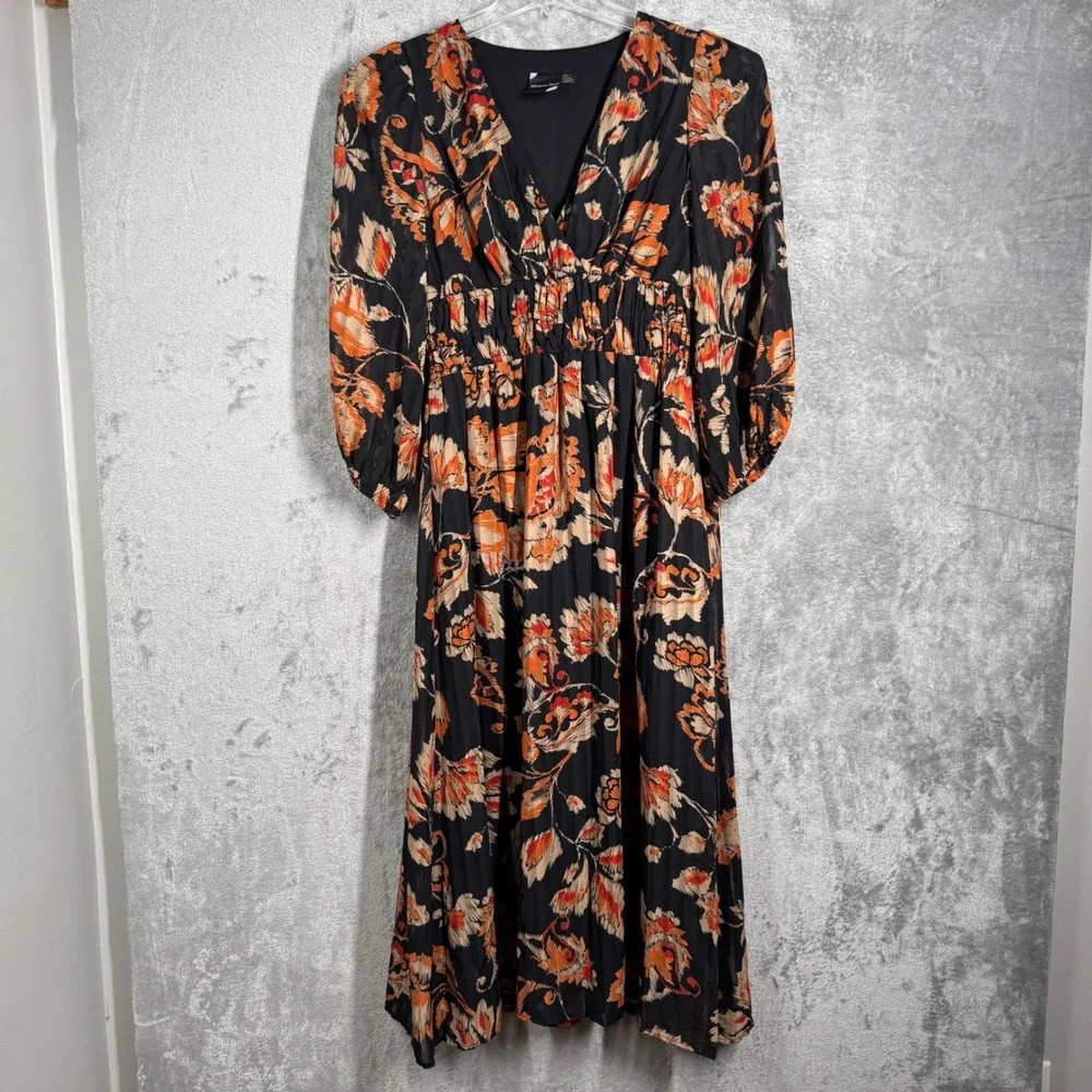 Maison Tara Dress Floral Print Midi Long Sleeve V Neck Black‎ Orange Size 6